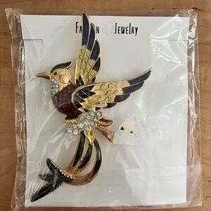 Vintage NIP Large Multi-color Enamel Rhinestone Bird of Paradise Brooch 6" Long